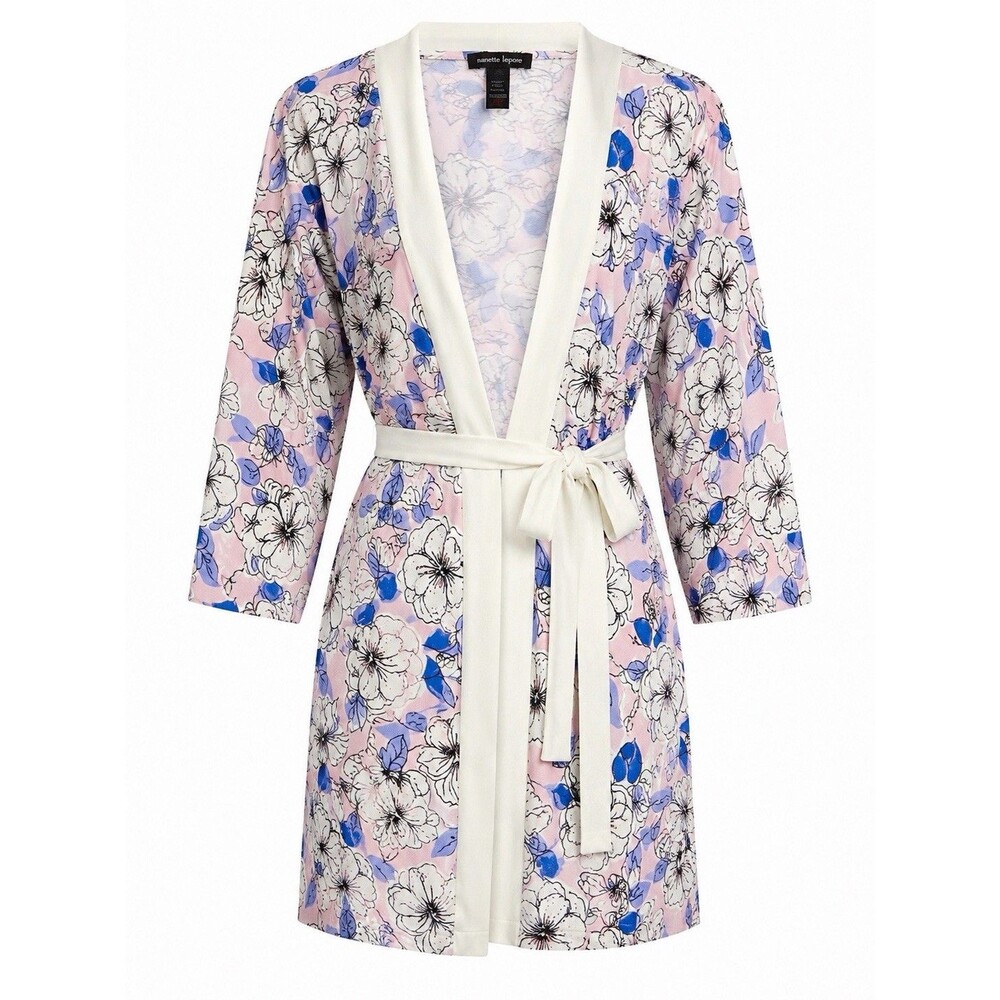 Nanette Lepore Robe Women's Medium Pink Floral Kimono 3/4 Sleeve Belted Lounge